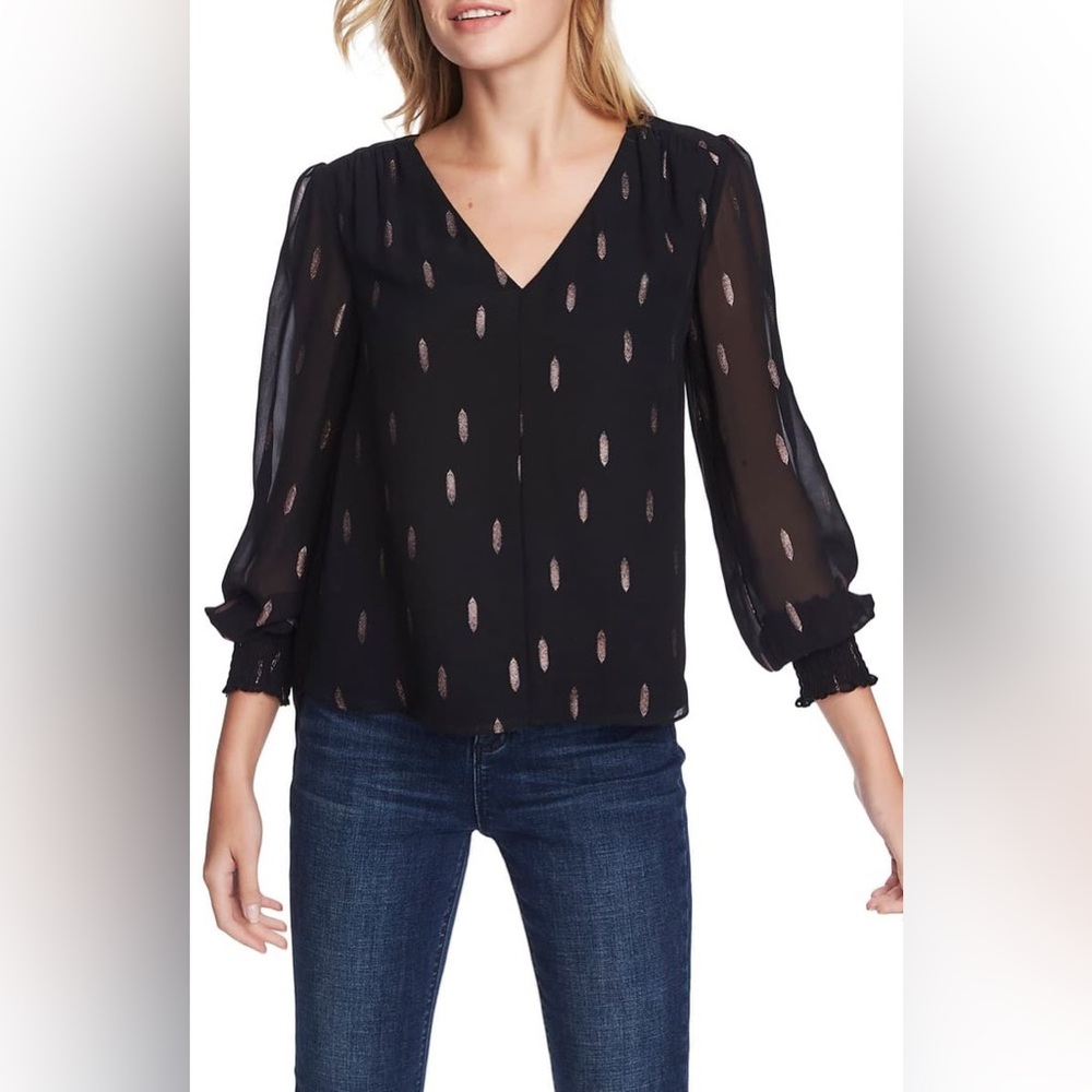 1. State Black Blouse with Pattern long sleeves XL top v neck shirt